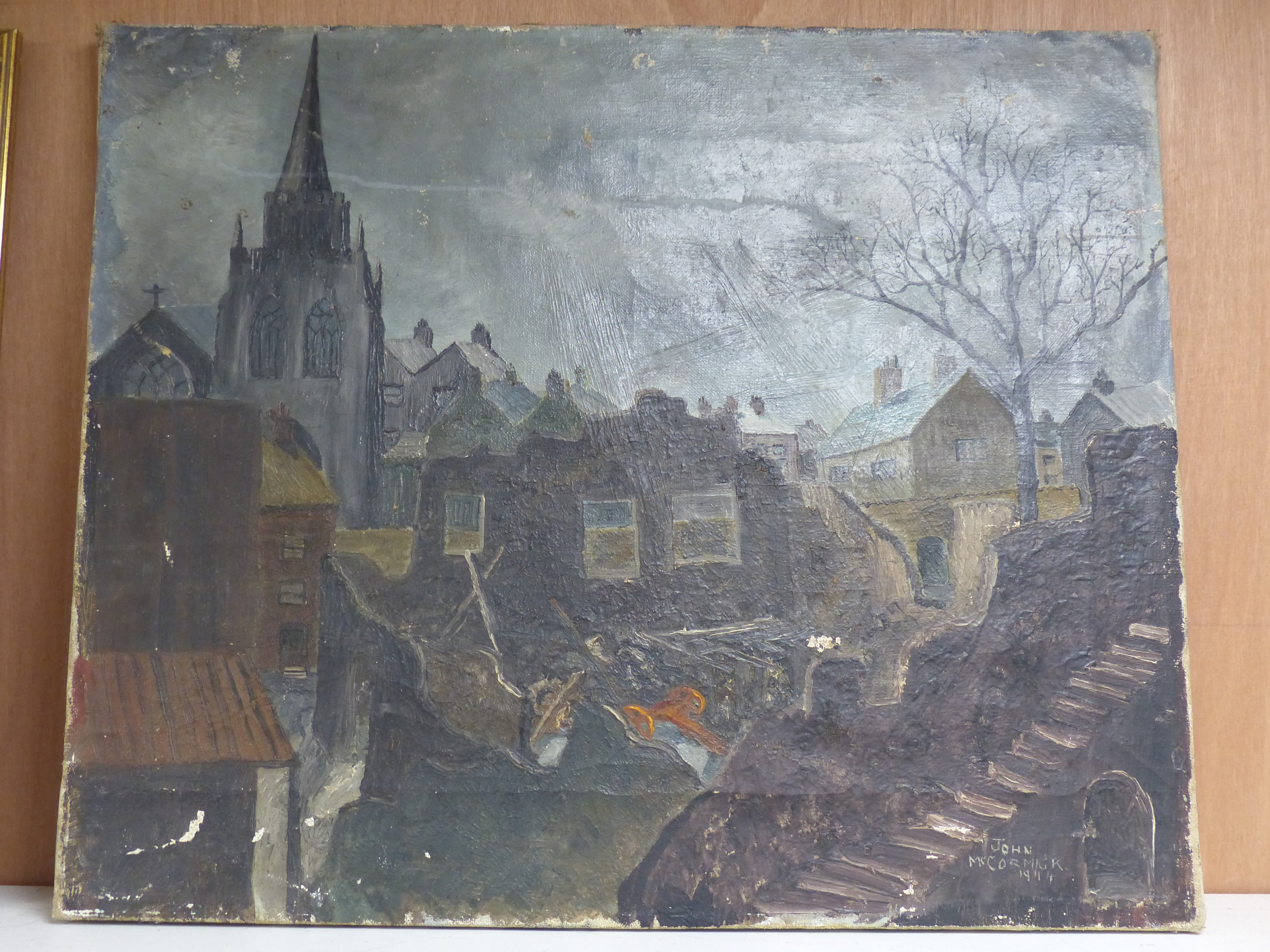 John McCormick, oil on canvas, Townscape during The Blitz, signed and dated 1944, 56 x 67cm, unframed